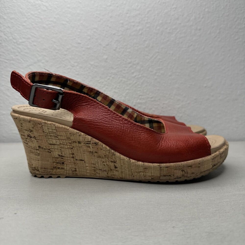 Crocs A-Leigh Red Leather Slingback Cork Peep Toe Wedges